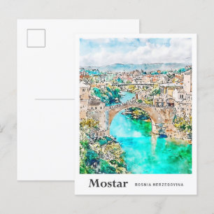 Mostar Bosnië Reizen Waterverf Hand getekend Briefkaart