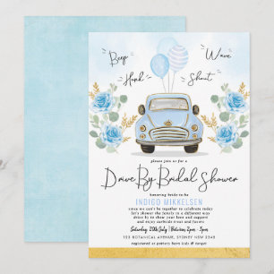 Mosterd blauw, Floral Retro-auto met Vrijgezellenf Kaart