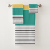 Mosterd en blauwgroen patroon bad handdoek (Insitu)