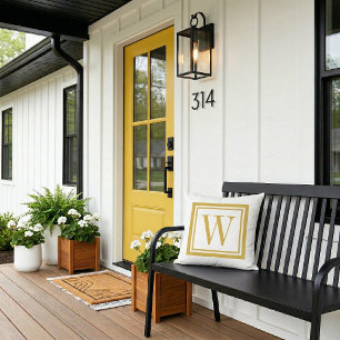 Mosterd en Wit Klassiek Vierkant Monogram Buitenkussen