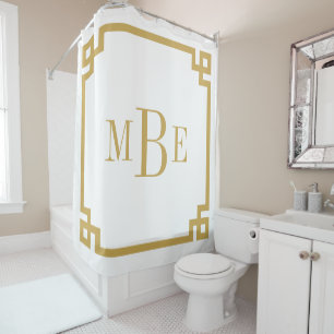 Mosterd en Witte Griekse Sleutel   Monogram Douchegordijn
