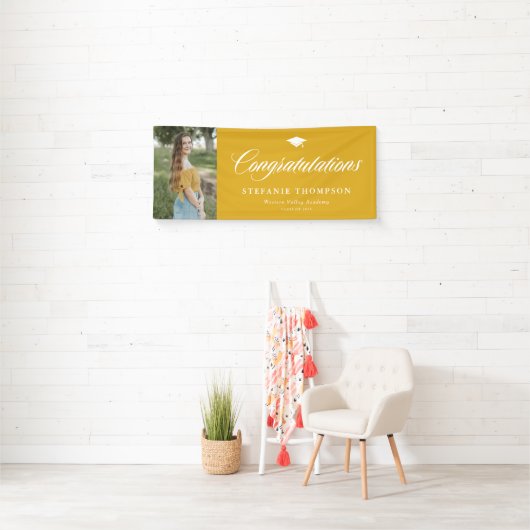 Mosterd Geel Vetgedrukte Kalligrafie Foto Afstuder Spandoek (Insitu)