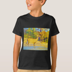 Mosterd gekleurd deer met lichtblauw t-shirt