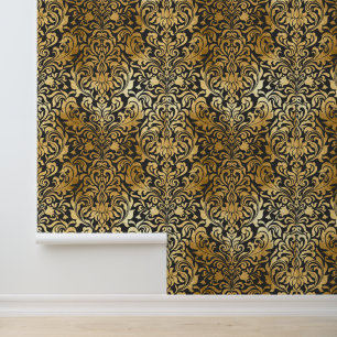 Mosterd Goud Zwart Elegant Bloemen Behang