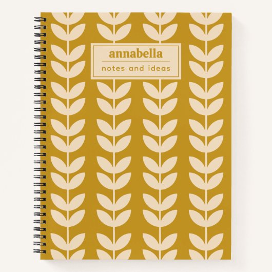 Mosterd Retro Vibe Blad Patroon Monogram Notitieboek (Voorkant)