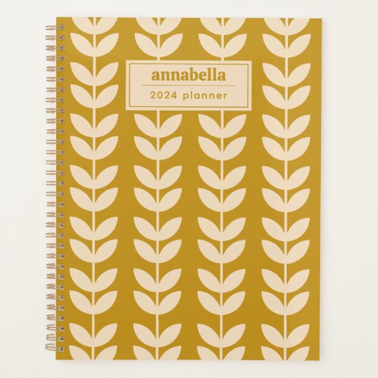 Mosterd Retro Vibe Blad Patroon Monogram Planner (Voorkant)