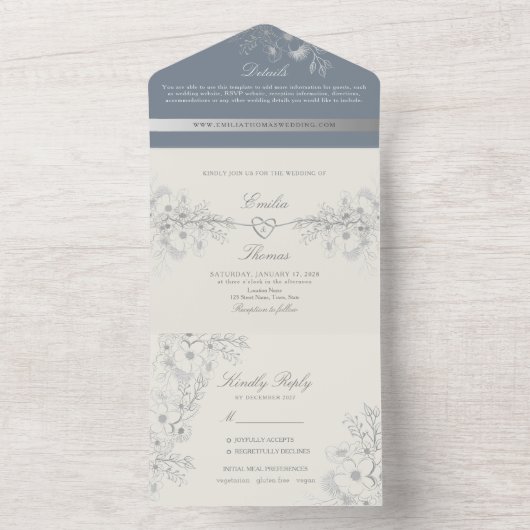  mosterdblauwe bruiloft in één uitnodiging (Binnen)