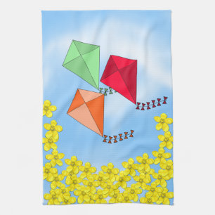 Mosterdbloemen en vliegers en wolken theedoek