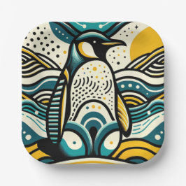 Mosterdgeel Blauwgroen Blauwe Pinguïn in Abstracte Papieren Bordje