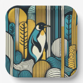 Mosterdgeel Blauwgroen Blauwe Pinguïn in Retro Geo Papieren Bordje (Voorkant)