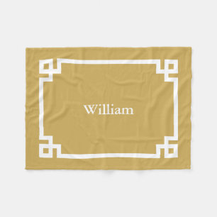 Mosterdgeel en Witte Griekse Sleutel Monogram Fleece Deken