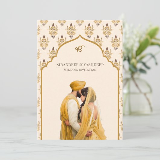 Mosterdgele crème Ikat Anand Karaj Sikh bruiloft Kaart (Staand voorkant)