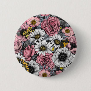 Moten op bloem mengen in roze en grijs ronde button 5,7 cm