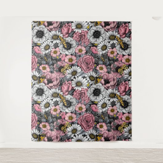 Moten op bloem mengen in roze en grijs wandkleed (Voorkant)