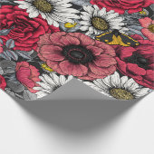 Moten op bloemenmix in rood en grijs cadeaupapier (Hoek)