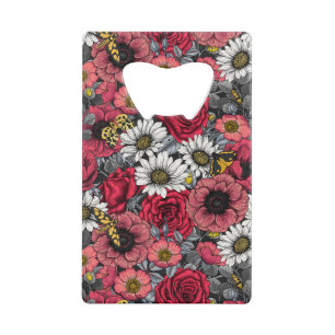 Moten op bloemenmix in rood en grijs kredietkaart flessenopener