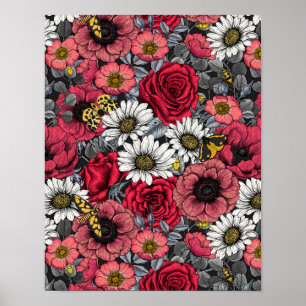 Moten op bloemenmix in rood en grijs poster