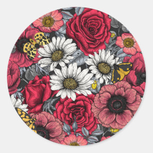Moten op bloemenmix in rood en grijs ronde sticker