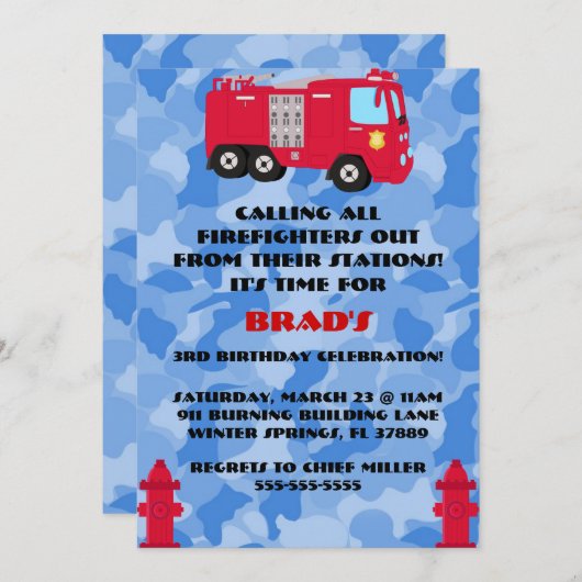 Moteur de camion feu mûre Invitation fête d'annive (Devant / Derrière)