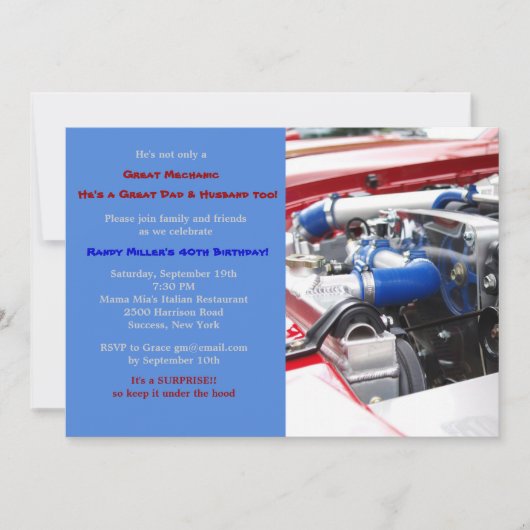 Moteur Masculine Anniversaire Fête Invitation (Devant)