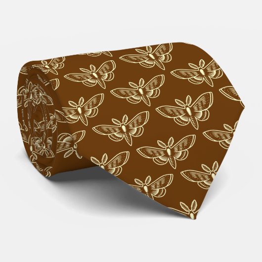 Moth Pattern - Walnoot, Bleek geel en Walnoot Stropdas (Opgerold)