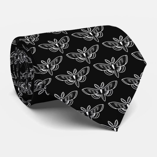 Moth Pattern - Wit op Zwart Stropdas (Opgerold)