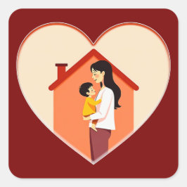 Mother and Child Love Illustration – Warm Family Vierkante Sticker