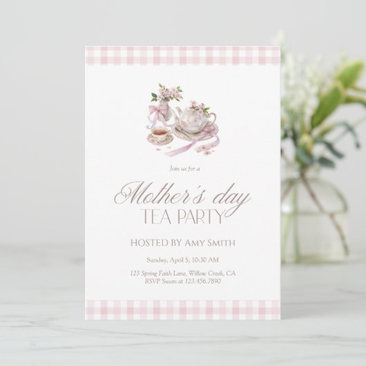 Mother’s Day Tea Party Pink Gingham Kaart (Staand voorkant)