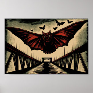 Mothman en Bridge Spooky Woodcut Art Print