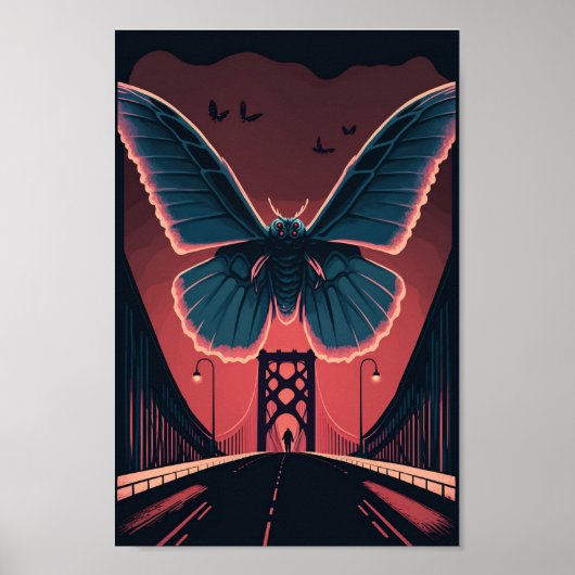 Mothman en Bridge Spooky Woodcut Art Print (Voorkant)