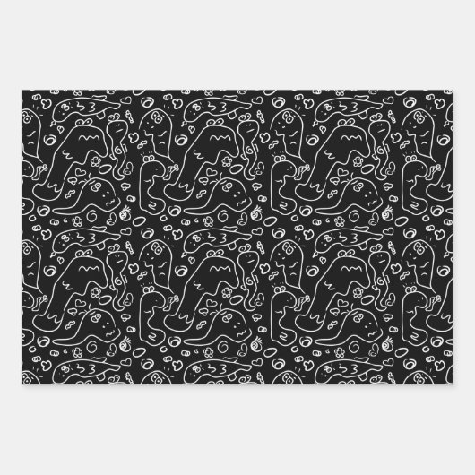 Motif à doodle noir et blanc enveloppe feuille pap (Devant 3)