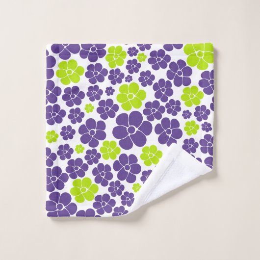 Motif à fleurs en vert citron et violet (Gant de toilette)