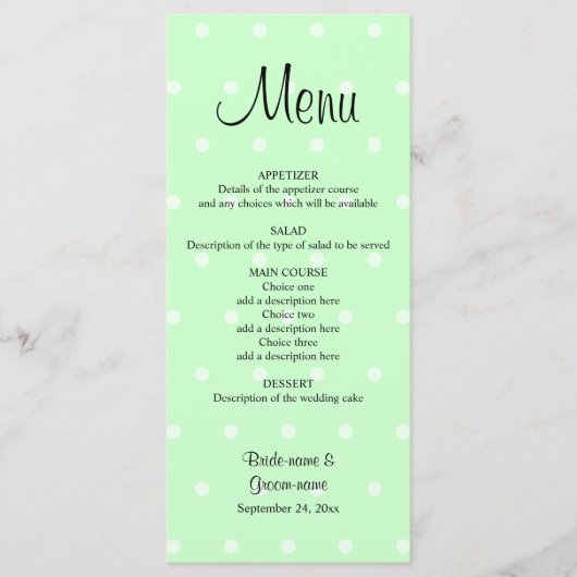 Motif à point Polka vert Mint. Menu de mariage (Devant)