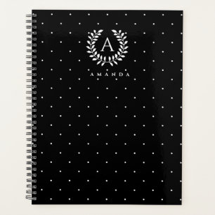 Motif à pois monogramme laurier blanc sur fond noi