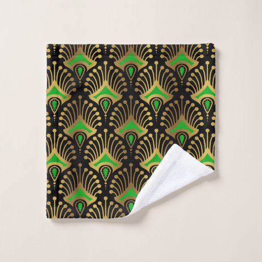 Motif Art déco or et vert sur noir (Gant de toilette)