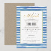 MOTIF BAT BAR MITZVAH INVITATION BLUE INDIGO STRIP (Devant / Derrière)