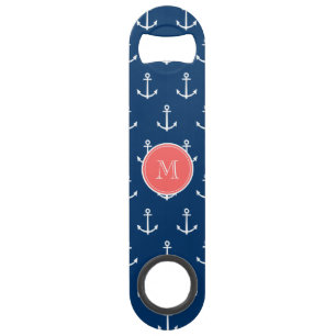 Motif blanc d'Ancres de bleu marine, monogramme