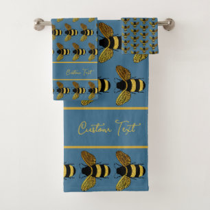 MOTIF BOMBLEBEE OR JAUNE BLACK BEE SUR BLEU