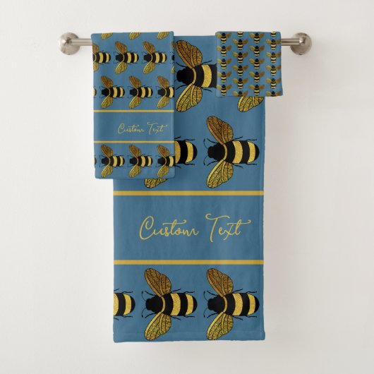 MOTIF BOMBLEBEE OR JAUNE BLACK BEE SUR BLEU (En situation)
