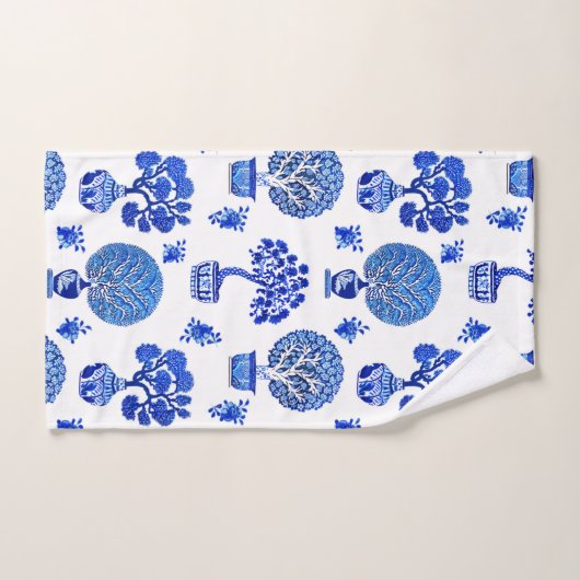 Motif Bonsai Trees en Bleu et Blanc Cobalt (Serviette à main)