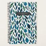 Motif botanique bleu et vert feuille<br><div class="desc">Motif feuille bleu et vert d'aquarelle. Personnalisez le nom à l'intérieur du rectangle gris à l'avant.</div>