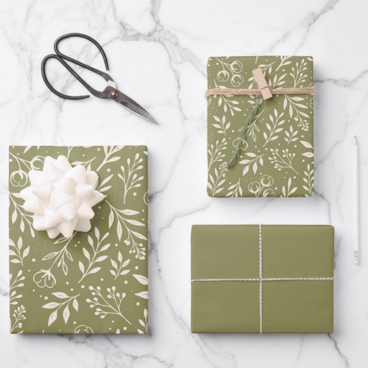 Motif botanique vert olive - Ensemble de papier d' (Recto)