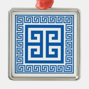 Motif Clé Grec Ornement en Métal Bleu Et Blanc