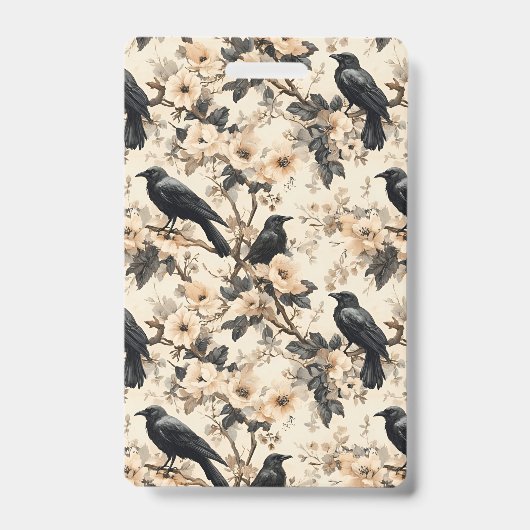 Motif corbeau corneille fleurs arbres Badge (Avant)
