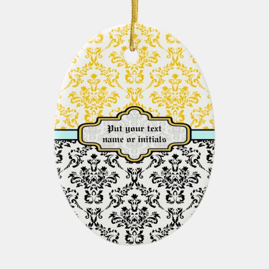 Motif Damas noir blanc jaune aqua ornement (Devant)