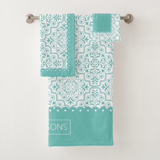 Motif damassé bleu turquoise clair, bordures de pé (En situation)