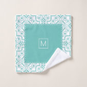 Motif damassé bleu turquoise clair, bordures de pé (Gant de toilette)