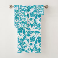 Motif damassé floral turquoise et blanc