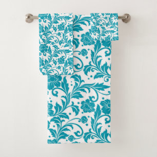 Motif damassé floral turquoise et blanc