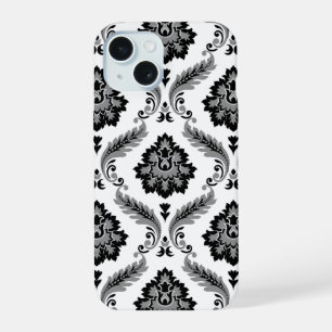 Motif Damassé Rococo Gris Noir Blanc